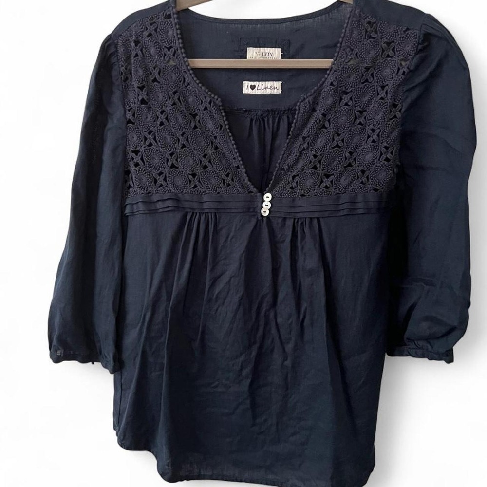 Malvin I Love Linen Navy V-neck Blouse Women's Small Lace 3/4 Sleeve Oversized